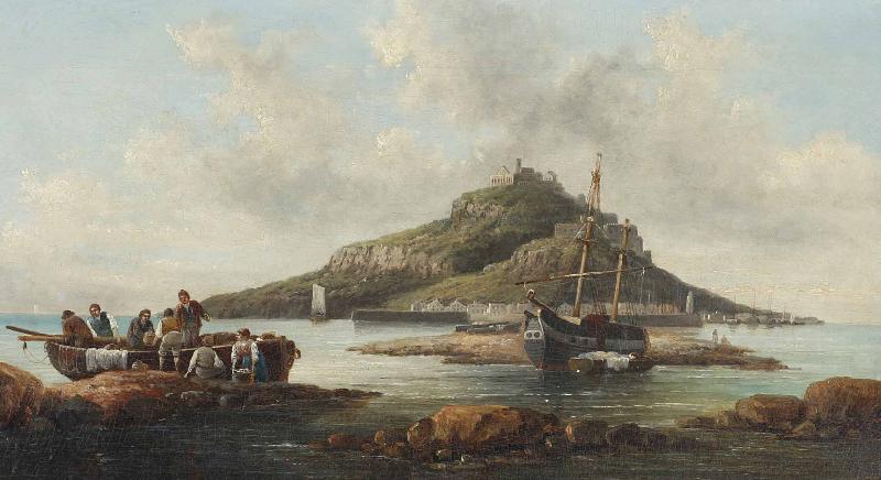 William Tomkins Coastal scene with islet and fishing folk